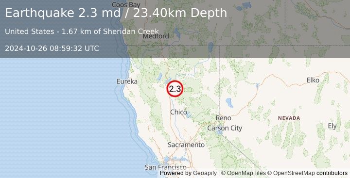 Earthquake NORTHERN CALIFORNIA (2.3 md) (2024-10-26 08:59:32 UTC)