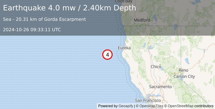 Earthquake OFFSHORE NORTHERN CALIFORNIA (4.0 mw) (2024-10-26 09:33:11 UTC)