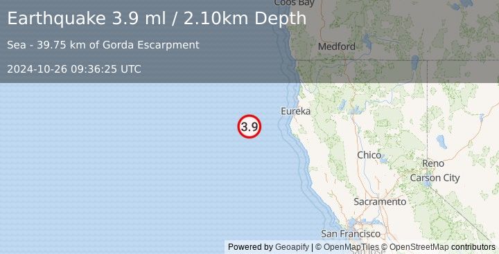 Earthquake OFFSHORE NORTHERN CALIFORNIA (3.9 ml) (2024-10-26 09:36:25 UTC)