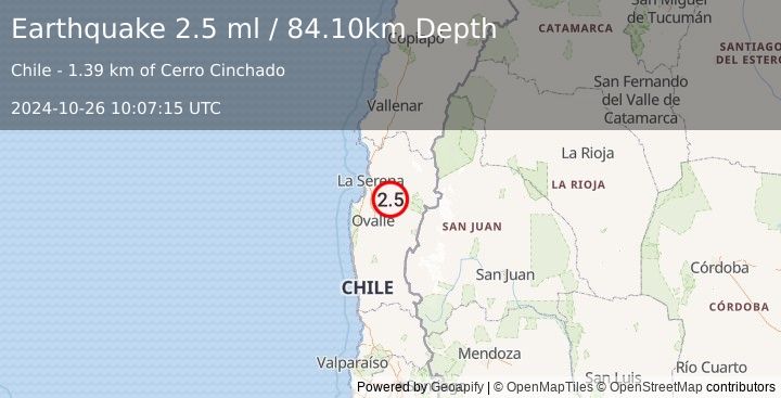 Earthquake COQUIMBO, CHILE (2.5 ml) (2024-10-26 10:07:15 UTC)