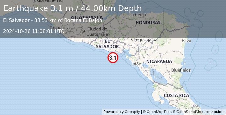 Earthquake OFFSHORE EL SALVADOR (3.1 m) (2024-10-26 11:08:01 UTC)