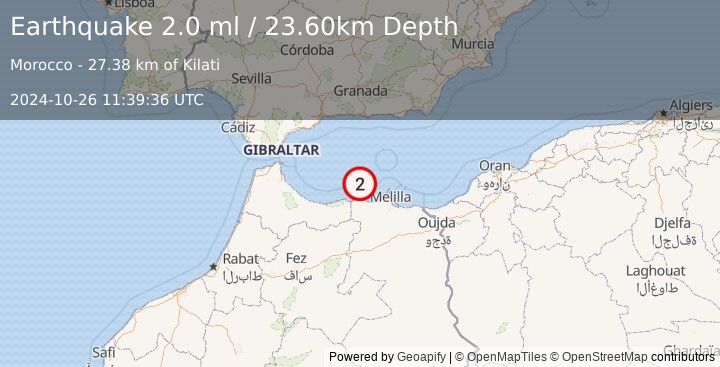 Earthquake STRAIT OF GIBRALTAR (2.0 ml) (2024-10-26 11:39:36 UTC)