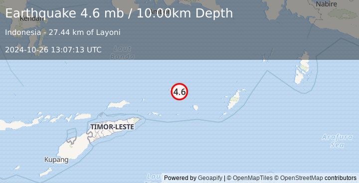 Earthquake KEPULAUAN BABAR, INDONESIA (4.6 mb) (2024-10-26 13:07:13 UTC)