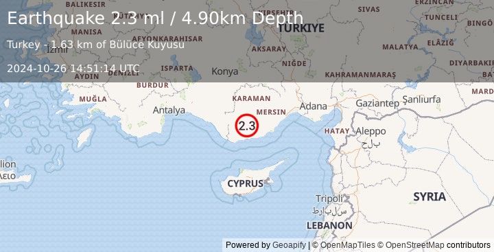 Earthquake CENTRAL TURKEY (2.3 ml) (2024-10-26 14:51:14 UTC)