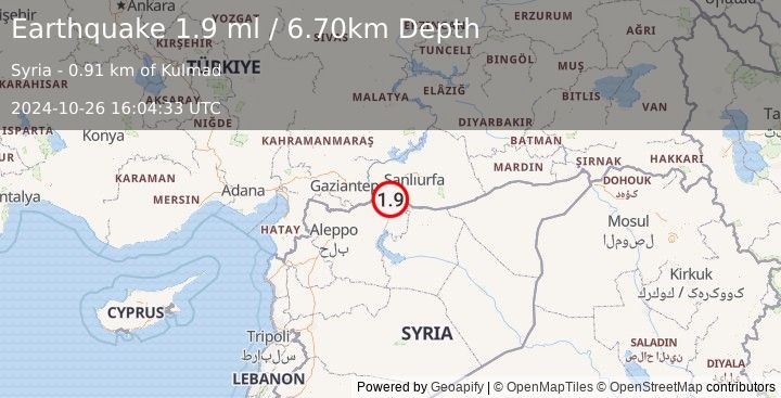 Earthquake TURKEY-SYRIA BORDER REGION (1.9 ml) (2024-10-26 16:04:33 UTC)