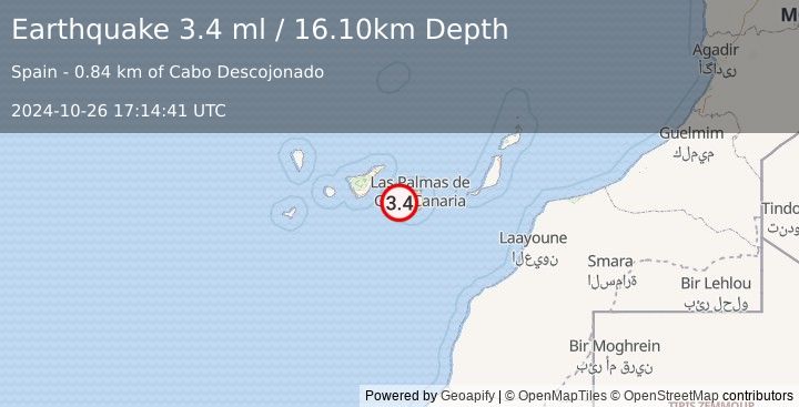 Earthquake CANARY ISLANDS, SPAIN REGION (3.4 ml) (2024-10-26 17:14:41 UTC)