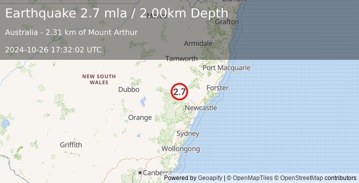 Earthquake NEW SOUTH WALES, AUSTRALIA (2.7 mla) (2024-10-26 17:32:02 UTC)