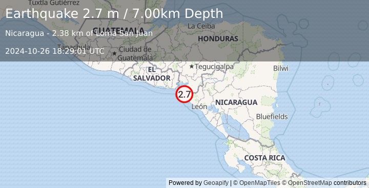 Earthquake NEAR COAST OF NICARAGUA (2.7 m) (2024-10-26 18:29:01 UTC)