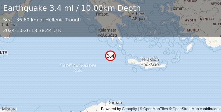 Earthquake CENTRAL MEDITERRANEAN SEA (3.4 ml) (2024-10-26 18:38:44 UTC)