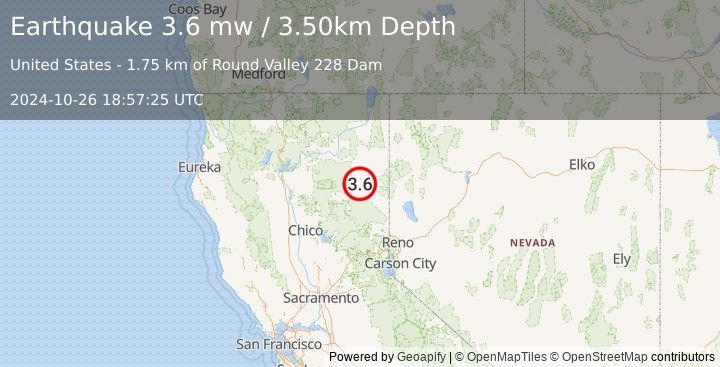 Earthquake NORTHERN CALIFORNIA (3.6 mw) (2024-10-26 18:57:25 UTC)