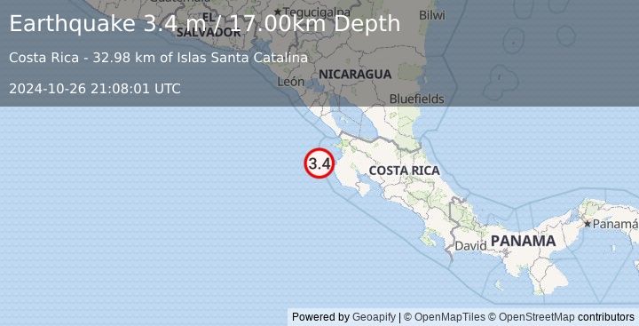 Earthquake OFF COAST OF COSTA RICA (3.4 m) (2024-10-26 21:08:01 UTC)