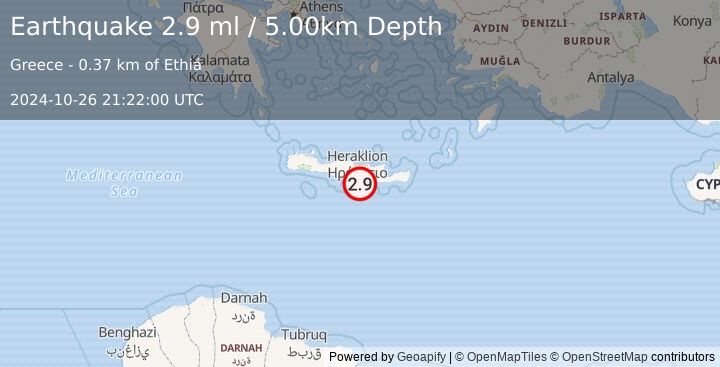 Earthquake CRETE, GREECE (2.9 ml) (2024-10-26 21:22:00 UTC)