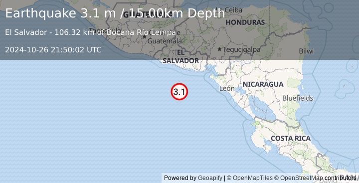 Earthquake OFF THE COAST OF EL SALVADOR (3.1 m) (2024-10-26 21:50:02 UTC)