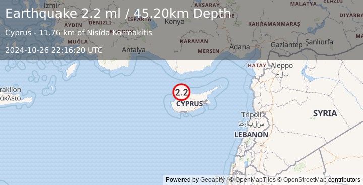 Earthquake CYPRUS REGION (2.2 ml) (2024-10-26 22:16:20 UTC)