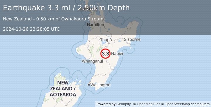 Earthquake NORTH ISLAND OF NEW ZEALAND (3.3 ml) (2024-10-26 23:28:05 UTC)