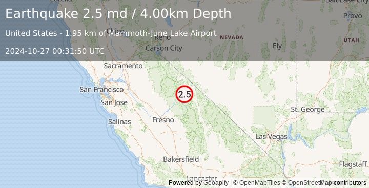 Earthquake LONG VALLEY AREA, CALIFORNIA (2.5 md) (2024-10-27 00:31:50 UTC)