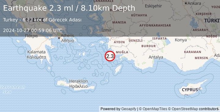 Earthquake DODECANESE IS.-TURKEY BORDER REG (2.3 ml) (2024-10-27 00:59:06 UTC)