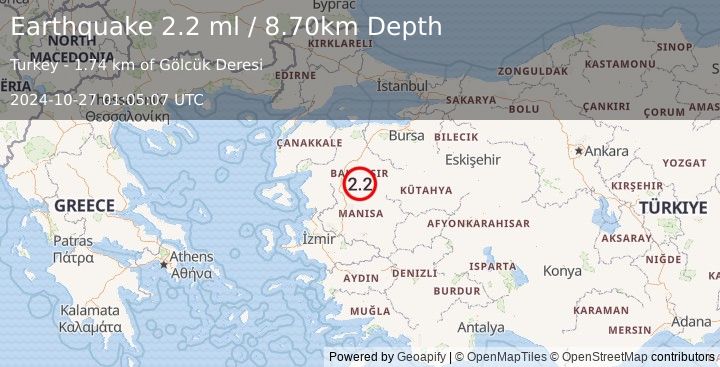 Earthquake WESTERN TURKEY (2.2 ml) (2024-10-27 01:05:07 UTC)