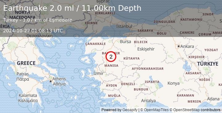 Earthquake WESTERN TURKEY (2.0 ml) (2024-10-27 01:08:13 UTC)