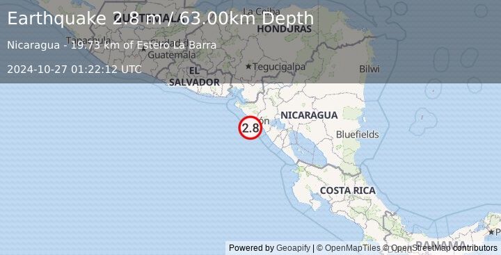 Earthquake NEAR COAST OF NICARAGUA (2.8 m) (2024-10-27 01:22:12 UTC)