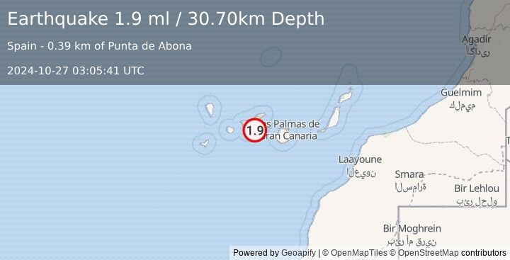 Earthquake CANARY ISLANDS, SPAIN REGION (1.9 ml) (2024-10-27 03:05:41 UTC)