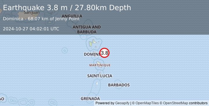 Earthquake DOMINICA REGION, LEEWARD ISLANDS (3.8 m) (2024-10-27 04:02:01 UTC)