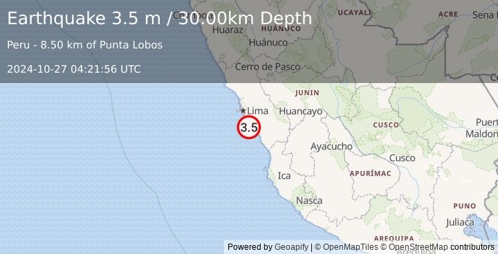 Earthquake NEAR COAST OF CENTRAL PERU (3.5 m) (2024-10-27 04:21:56 UTC)