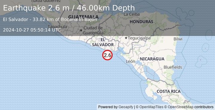 Earthquake OFFSHORE EL SALVADOR (2.6 m) (2024-10-27 05:50:14 UTC)