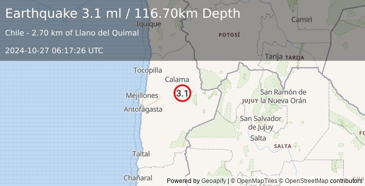 Earthquake ANTOFAGASTA, CHILE (3.1 ml) (2024-10-27 06:17:26 UTC)