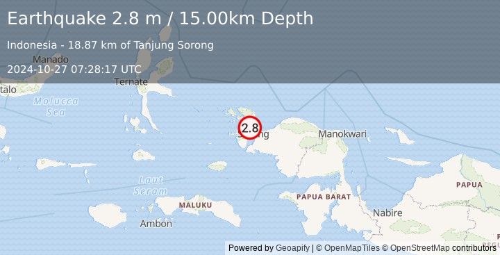 Earthquake NEAR N COAST OF PAPUA, INDONESIA (2.8 m) (2024-10-27 07:28:17 UTC)