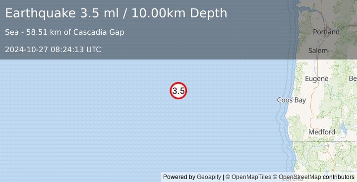 Earthquake OFF COAST OF OREGON (3.5 ml) (2024-10-27 08:24:13 UTC)