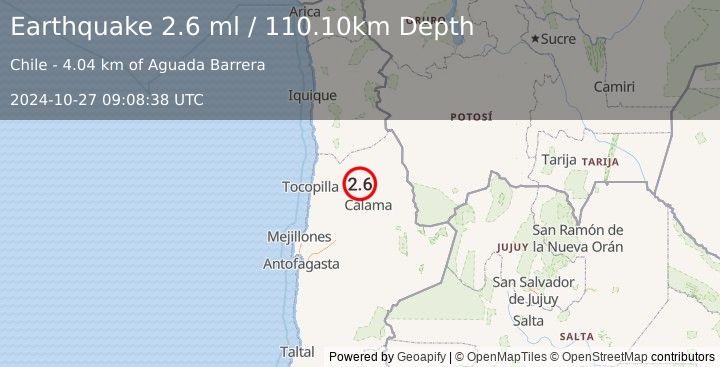 Earthquake ANTOFAGASTA, CHILE (2.6 ml) (2024-10-27 09:08:38 UTC)