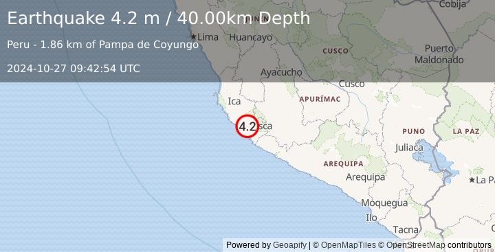 Earthquake NEAR COAST OF CENTRAL PERU (4.2 m) (2024-10-27 09:42:54 UTC)