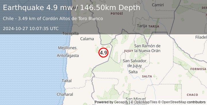 Earthquake ANTOFAGASTA, CHILE (4.9 mw) (2024-10-27 10:07:35 UTC)