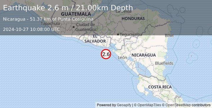 Earthquake OFFSHORE EL SALVADOR (2.6 m) (2024-10-27 10:08:00 UTC)