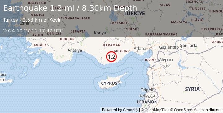 Earthquake CENTRAL TURKEY (1.2 ml) (2024-10-27 11:17:47 UTC)