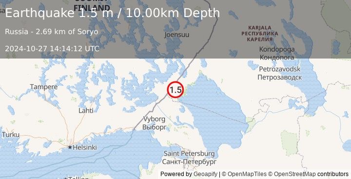 Earthquake FINLAND-RUSSIA BORDER REGION (1.5 m) (2024-10-27 14:14:12 UTC)