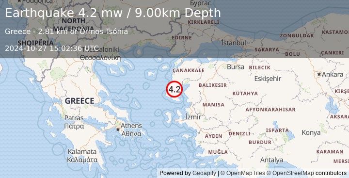 Earthquake NEAR THE COAST OF WESTERN TURKEY (4.2 mw) (2024-10-27 15:02:36 UTC)