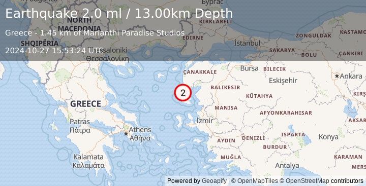 Earthquake NEAR THE COAST OF WESTERN TURKEY (2.0 ml) (2024-10-27 15:53:24 UTC)