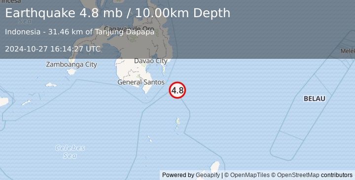 Earthquake MINDANAO, PHILIPPINES (4.8 mb) (2024-10-27 16:14:27 UTC)