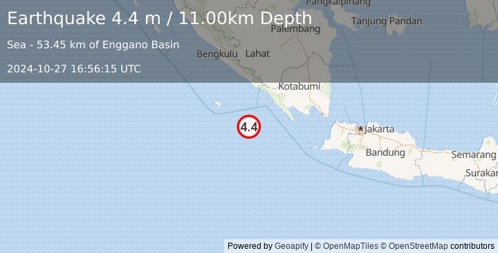 Earthquake SOUTHWEST OF SUMATRA, INDONESIA (4.4 m) (2024-10-27 16:56:15 UTC)