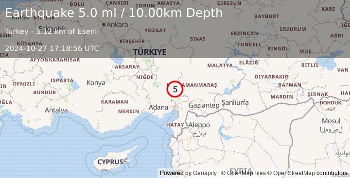 Earthquake CENTRAL TURKEY (5.0 ml) (2024-10-27 17:18:56 UTC)