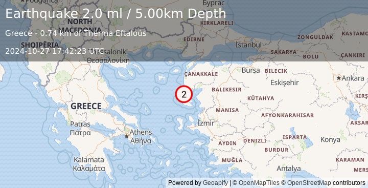 Earthquake NEAR THE COAST OF WESTERN TURKEY (2.0 ml) (2024-10-27 17:42:23 UTC)