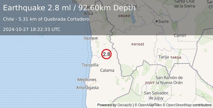 Earthquake ANTOFAGASTA, CHILE (2.8 ml) (2024-10-27 18:22:33 UTC)