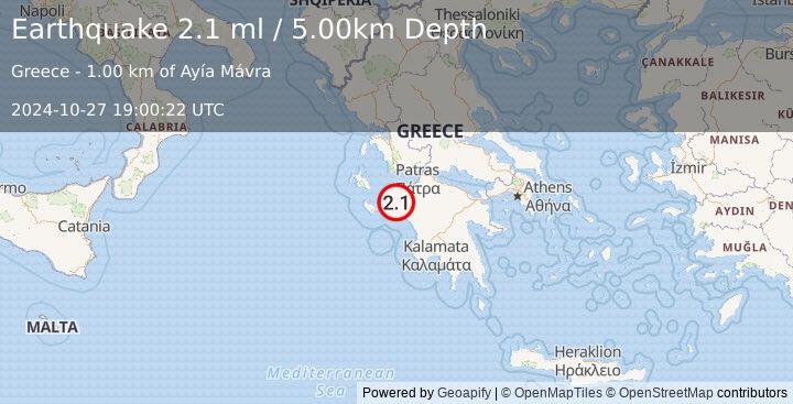 Earthquake SOUTHERN GREECE (2.1 ml) (2024-10-27 19:00:22 UTC)