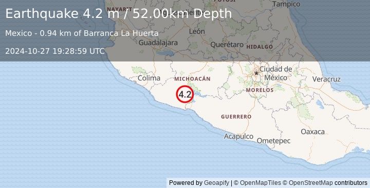 Earthquake MICHOACAN, MEXICO (4.2 m) (2024-10-27 19:28:59 UTC)