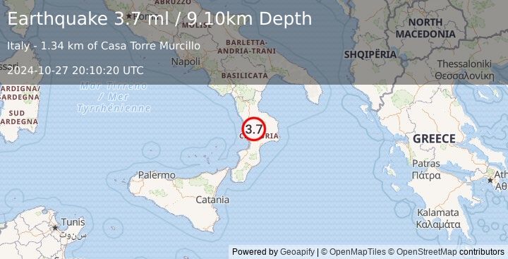 Earthquake SOUTHERN ITALY (3.7 ml) (2024-10-27 20:10:20 UTC)