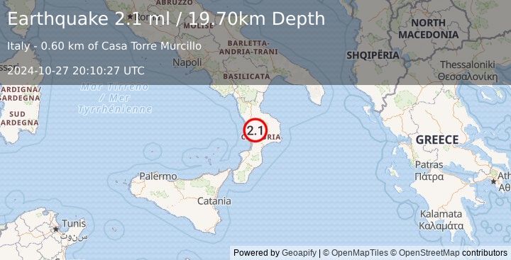 Earthquake SOUTHERN ITALY (2.1 ml) (2024-10-27 20:10:27 UTC)