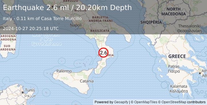 Earthquake SOUTHERN ITALY (2.6 ml) (2024-10-27 20:25:18 UTC)