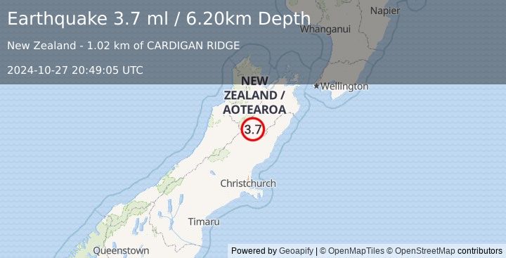 Earthquake SOUTH ISLAND OF NEW ZEALAND (3.7 ml) (2024-10-27 20:49:05 UTC)